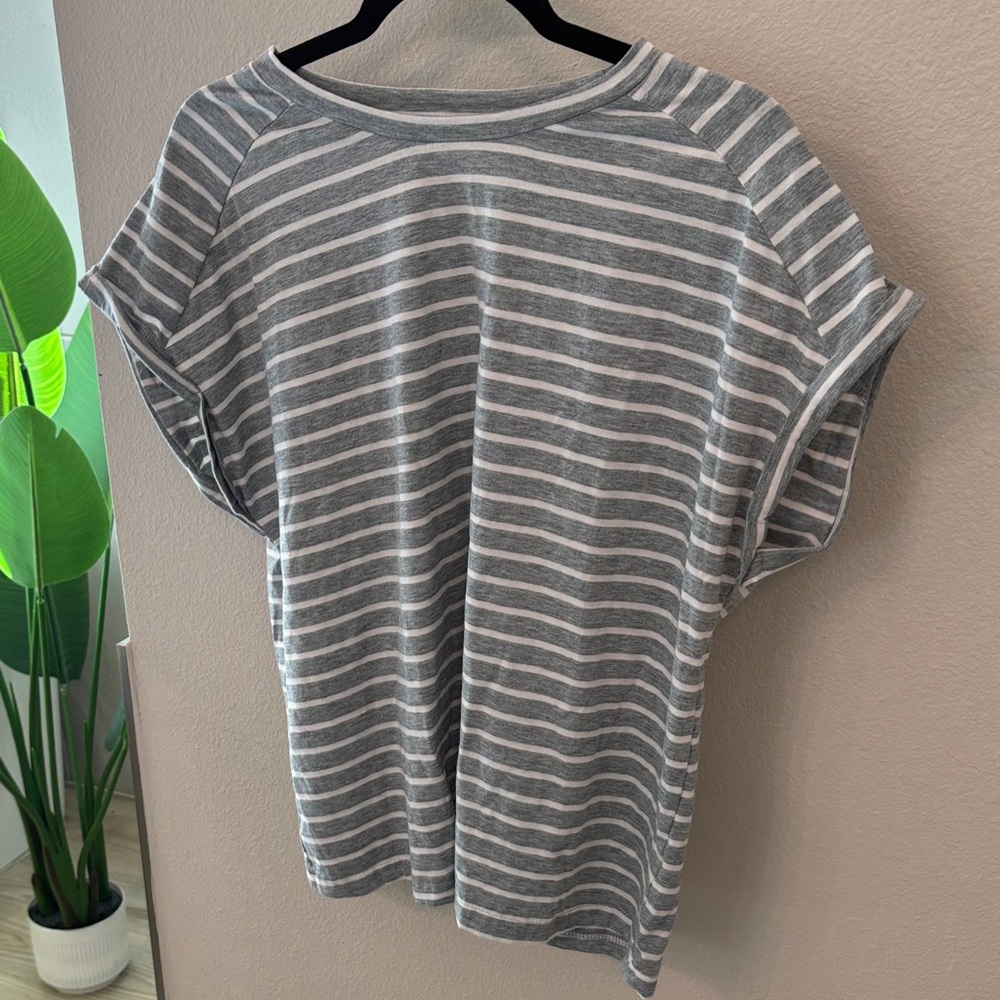 SHEIN Gray and White Striped Short Sleeve Top